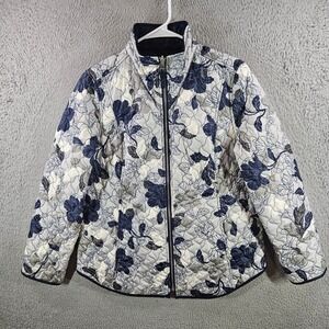 Chicos Quilted Jacket Womens 1 M Blue Grey Floral Full Zip Mock Neck Reversible